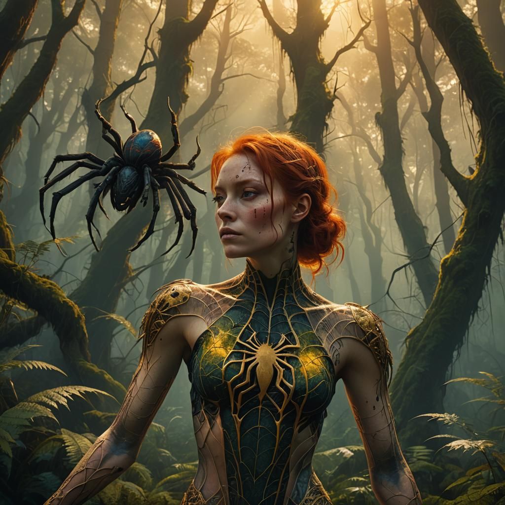 Woman-Spider Hybrid in Forest, Fantasy Concept Art