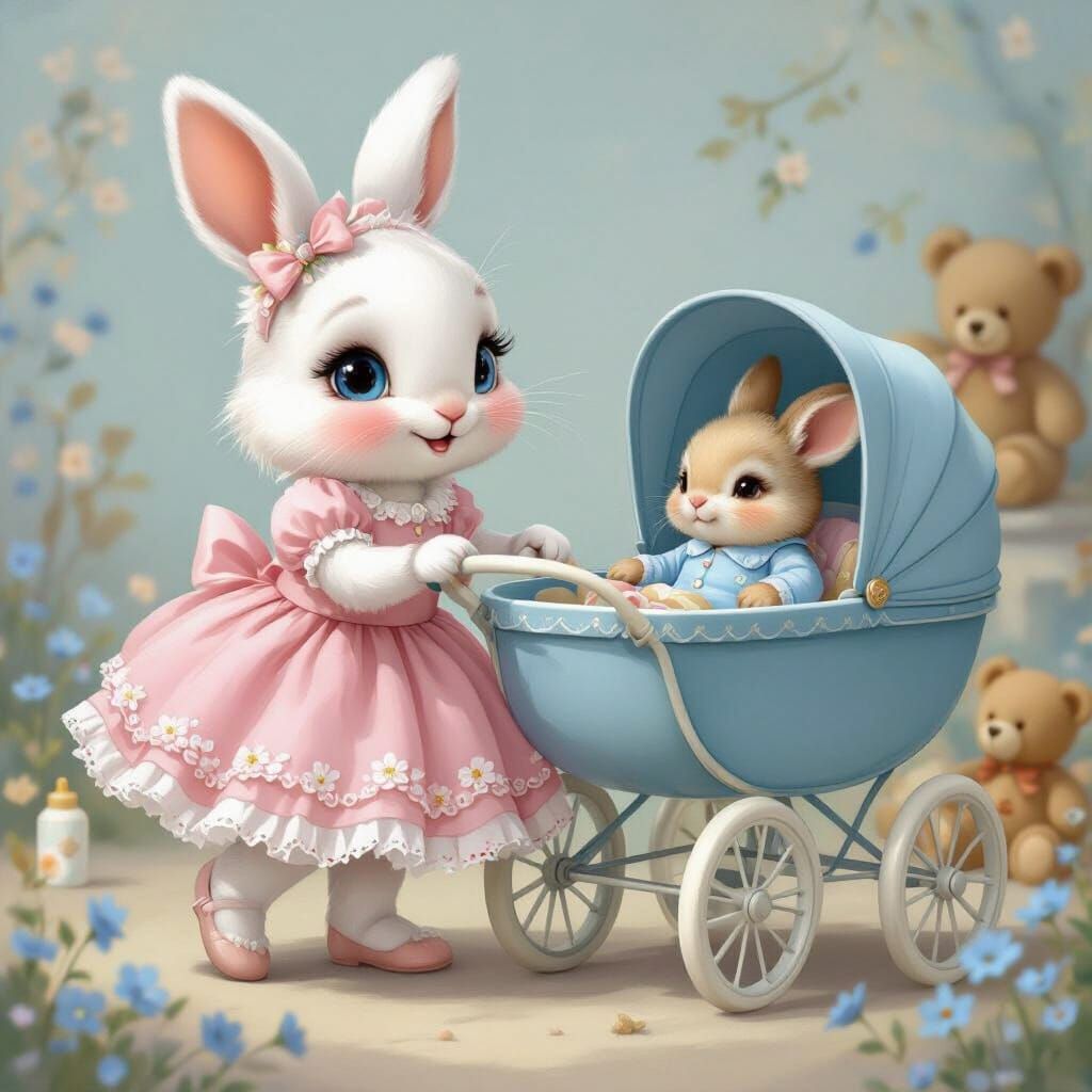 Sweet Bunny Girl Pushing Vintage Pram in Storybook Style