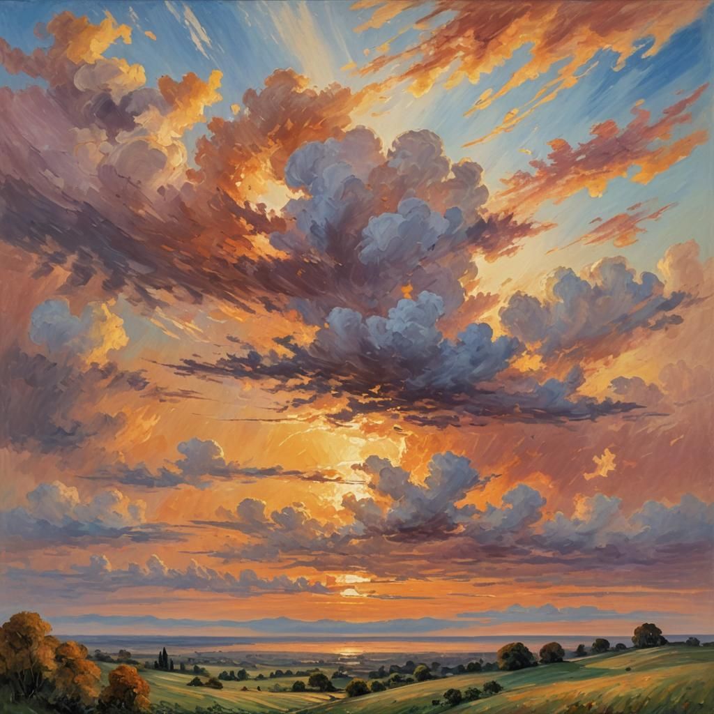 Sunset Landscape in Impressionist Oil Painting Style