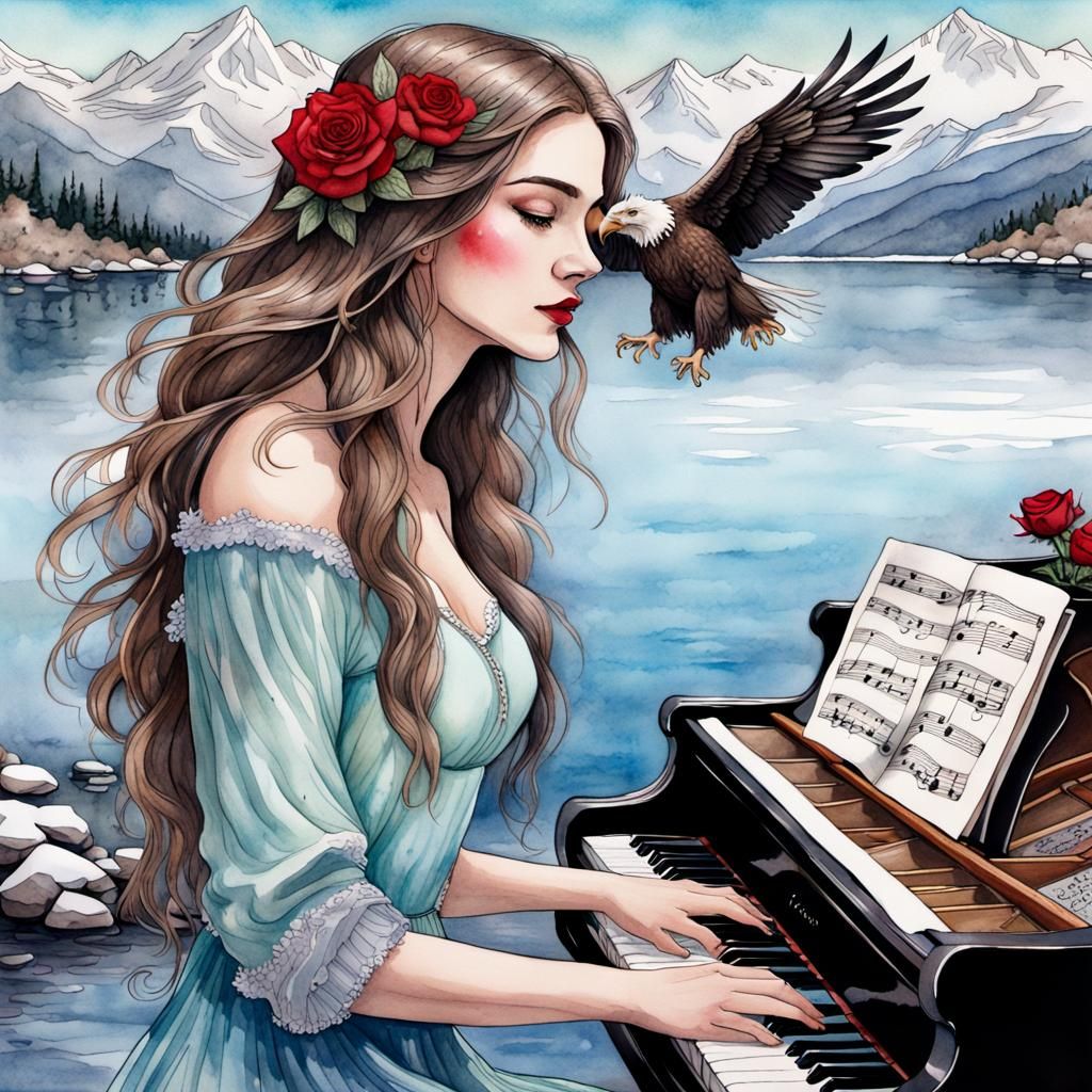 Woman at Piano with Eagle, Watercolor Fantasy