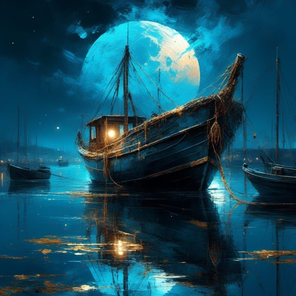 Fishing Boat Harbour Under Vaporwave Moon