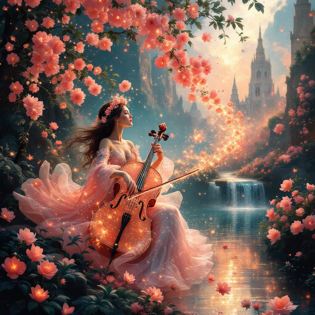 Luminous Peach Blossom Cello Lady in Cosmic Garden