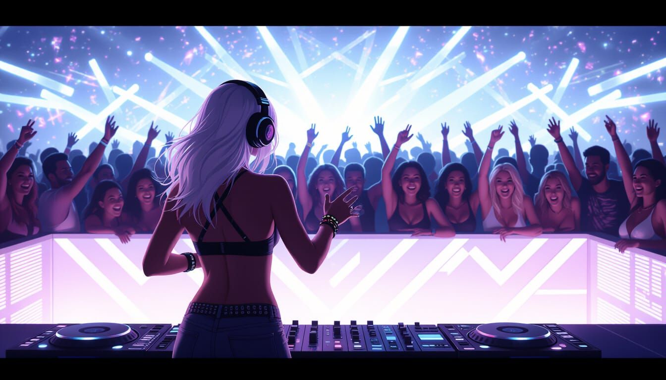 Female DJ at a Rave with Dancing Crowd