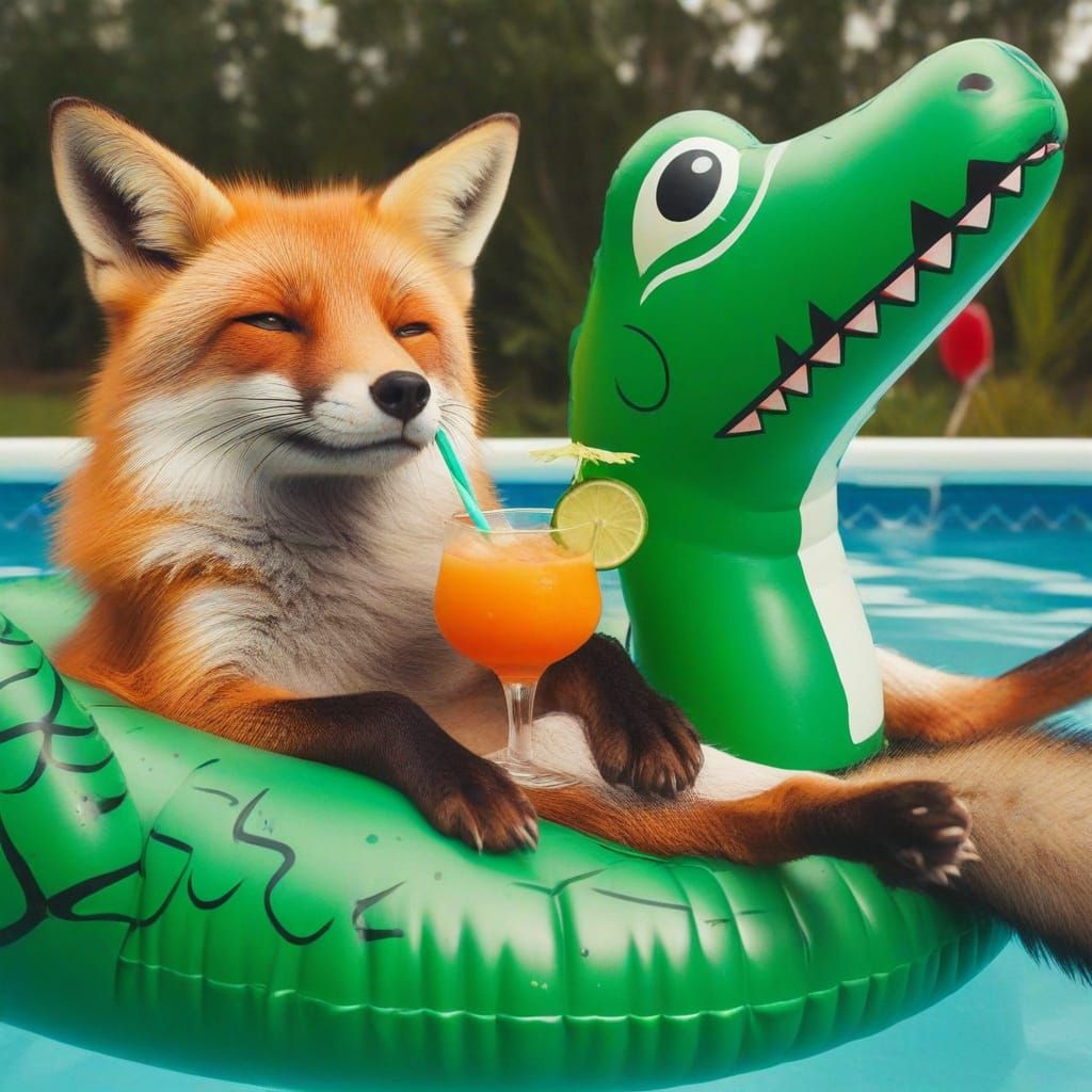 Fox Portrait Relaxing with Margarita on Alligator