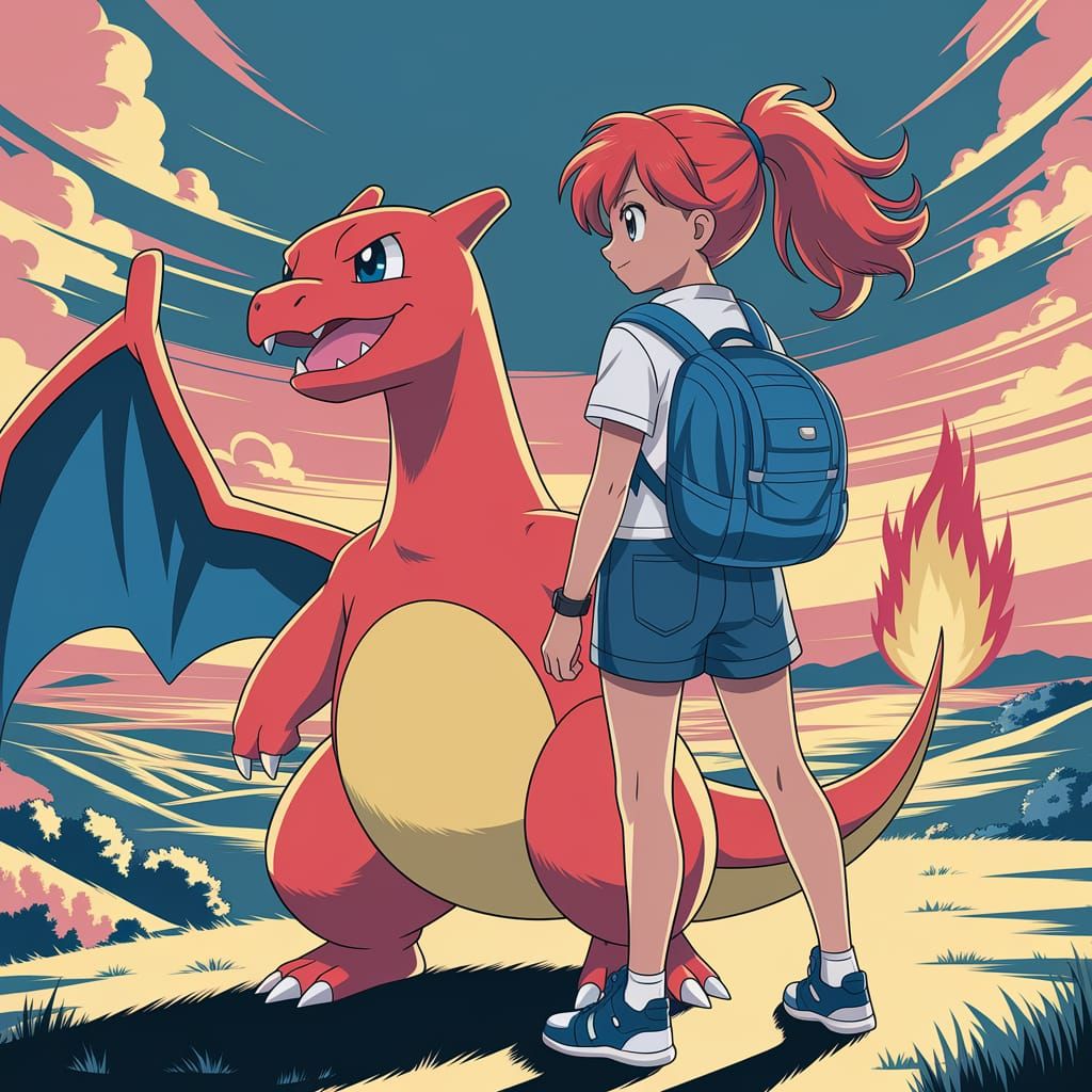 Pokemon Trainer and Charizard in Anime Style