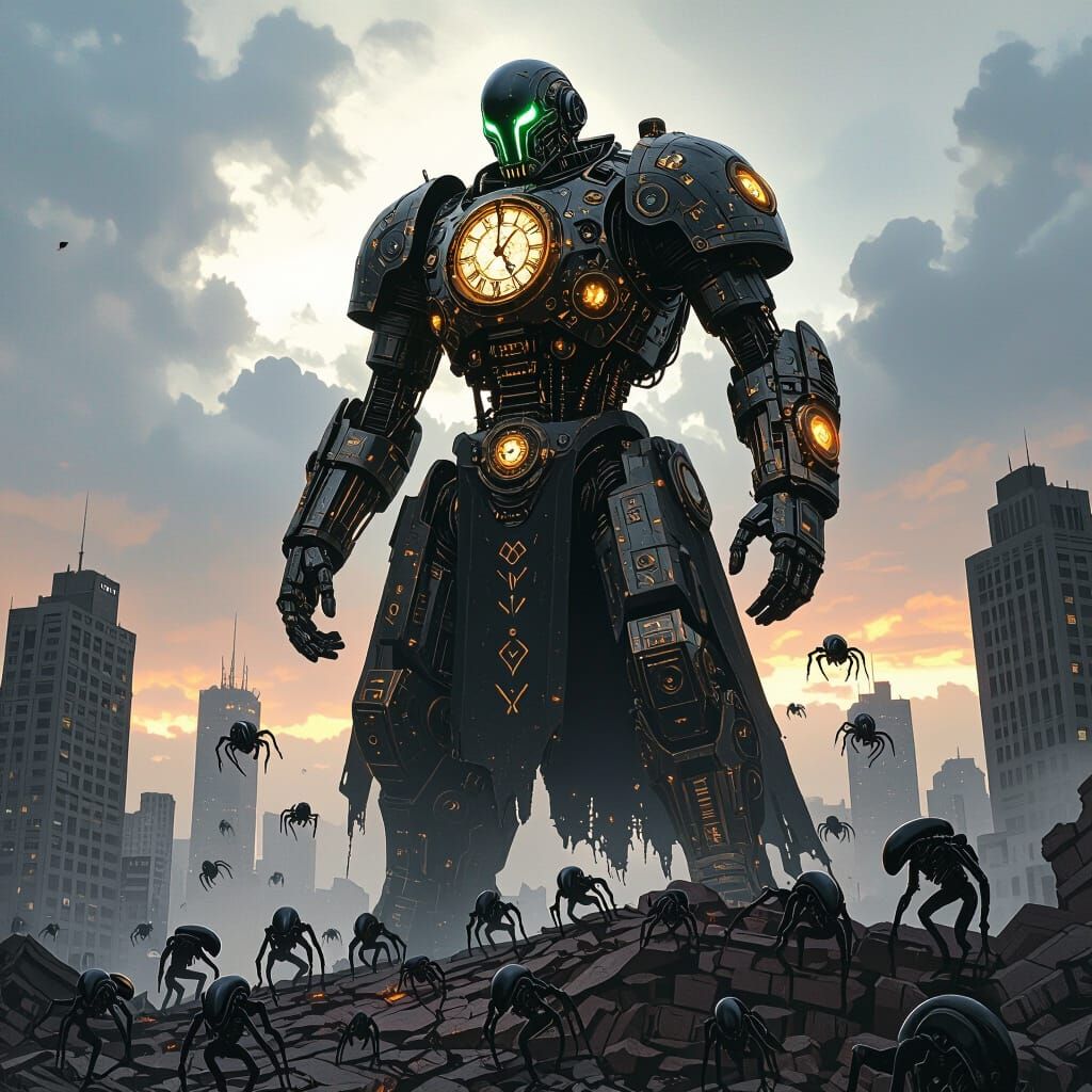 Steampunk Cyborg King Amidst Ruined Cityscape