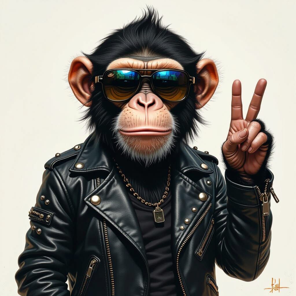 Monkey in Leather Jacket Making Peace Sign