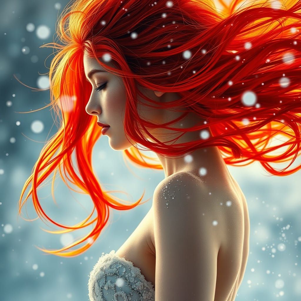 Whimsical Snow Maiden with Fiery Red Locks