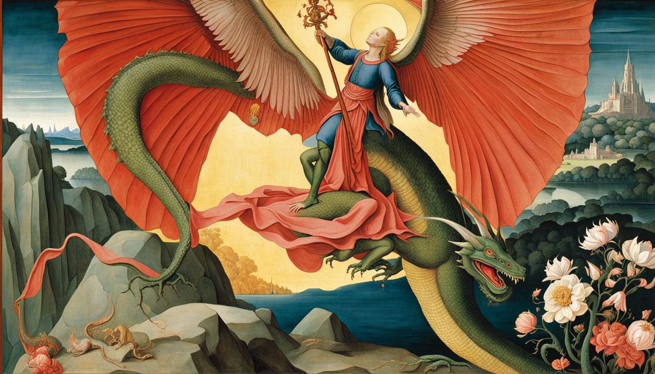 Saint Michael Defeats Dragon in Millefleurs Art Nouveau