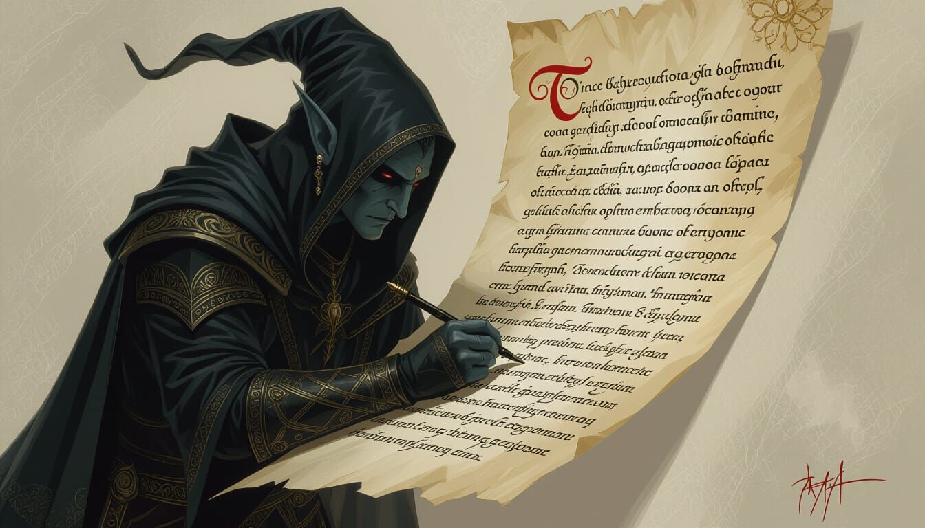 Dark Elf Scribe Writes in Holographic Calligraphy