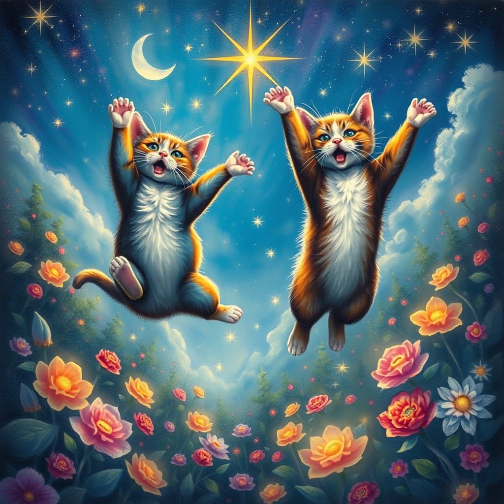 Whimsical Cats Soar in Vibrant Fantasy Forest