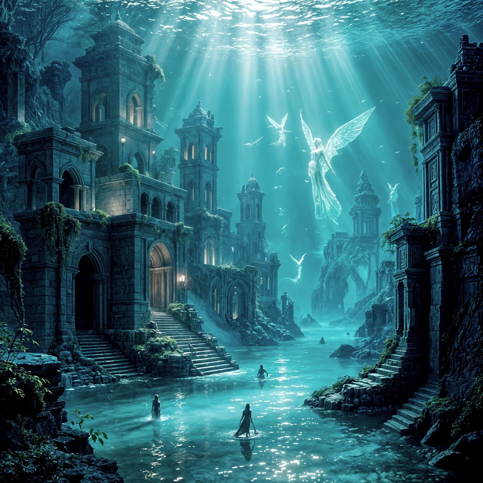 Submerged Elven City with Celestial Beings