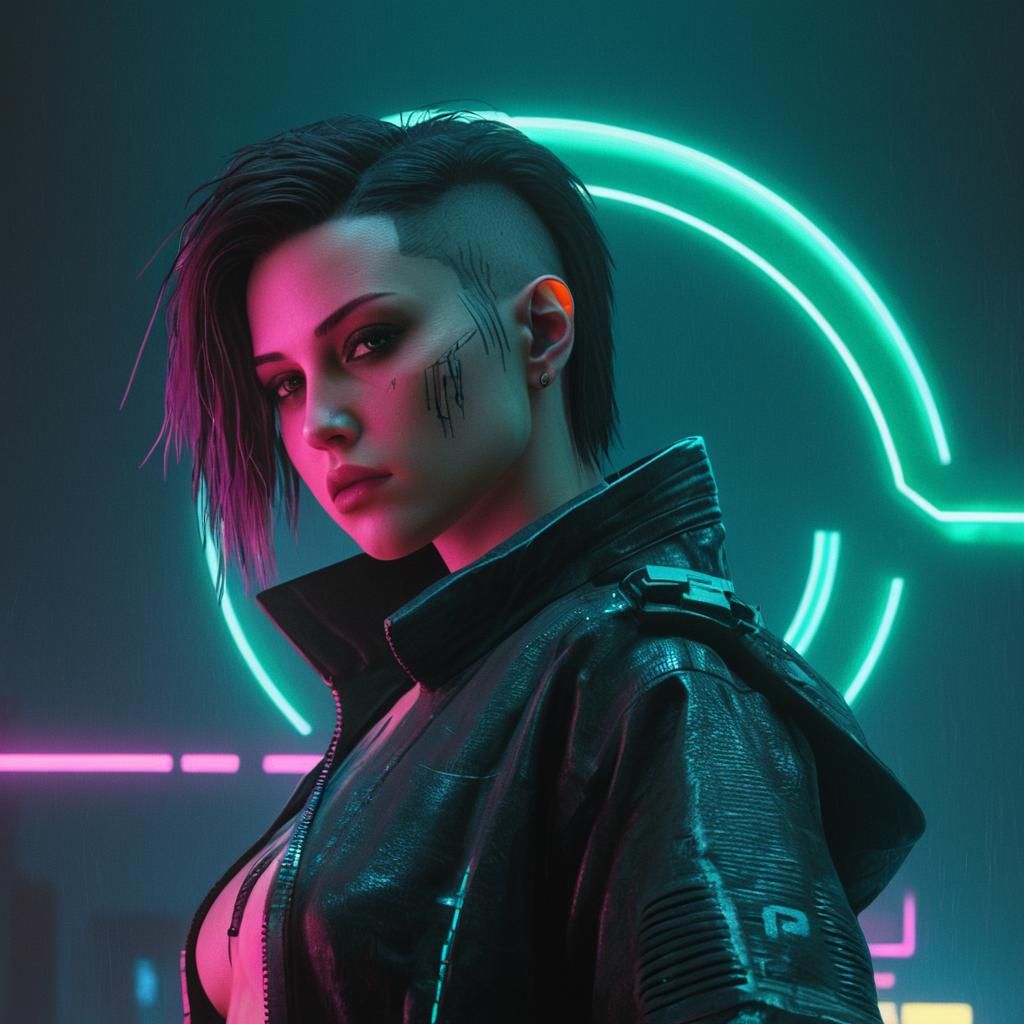 Female Cyberpunk in Neon Cityscape