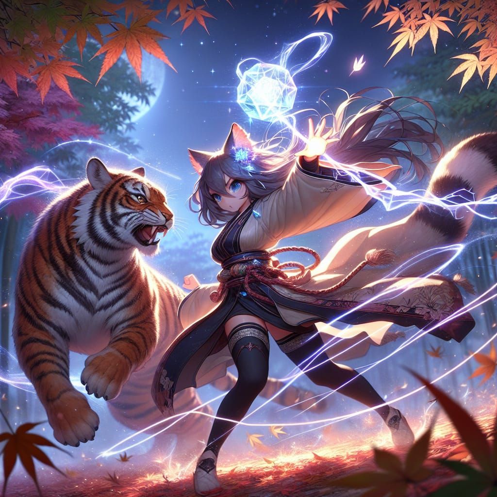 Anime Cat Girl Witch Battles Tiger in Maple Forest