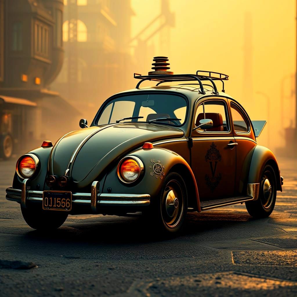 Steampunk Volkswagen Beetle in Foggy Industrial Cityscape