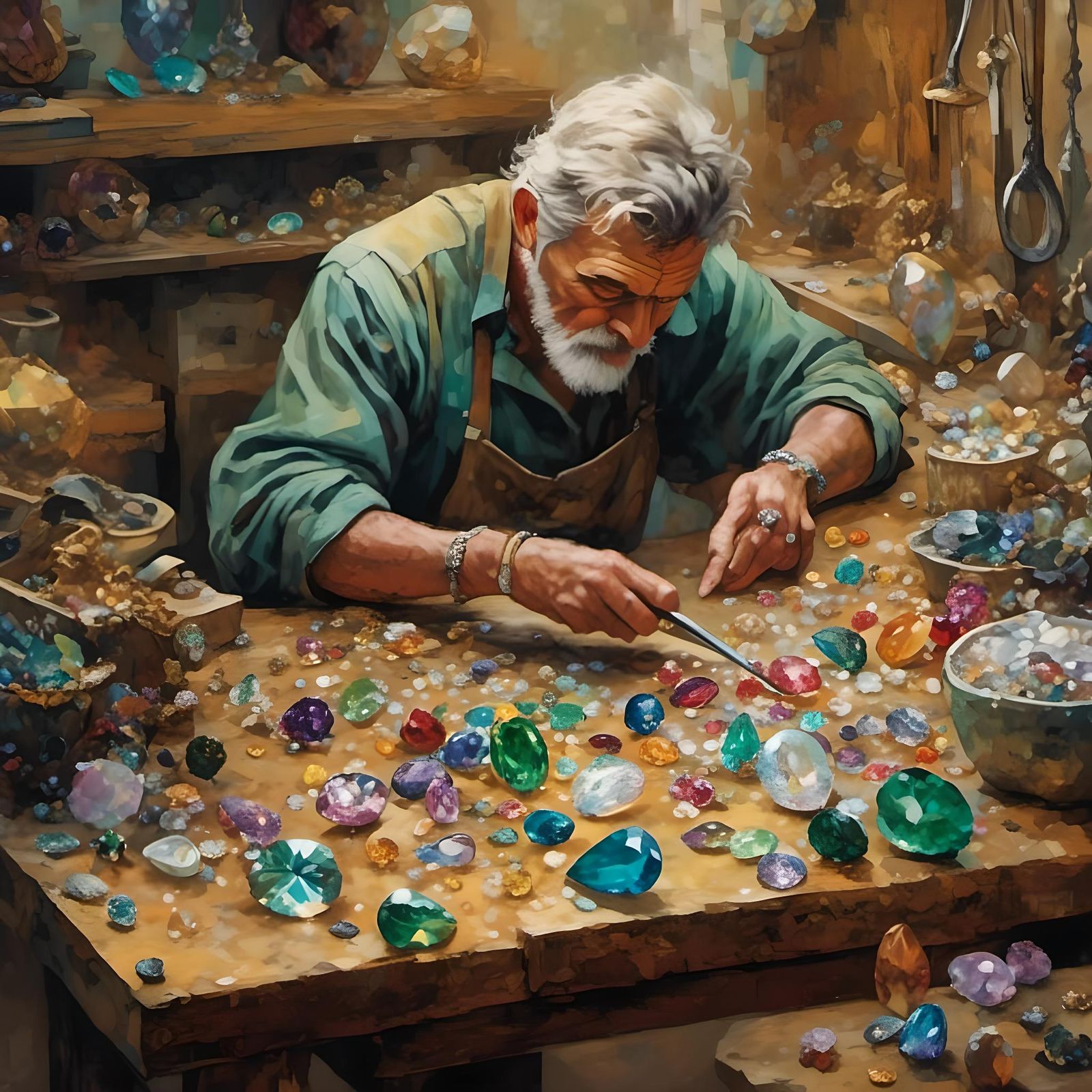 Jeweler Cuts Sparkling Gems at Workbench