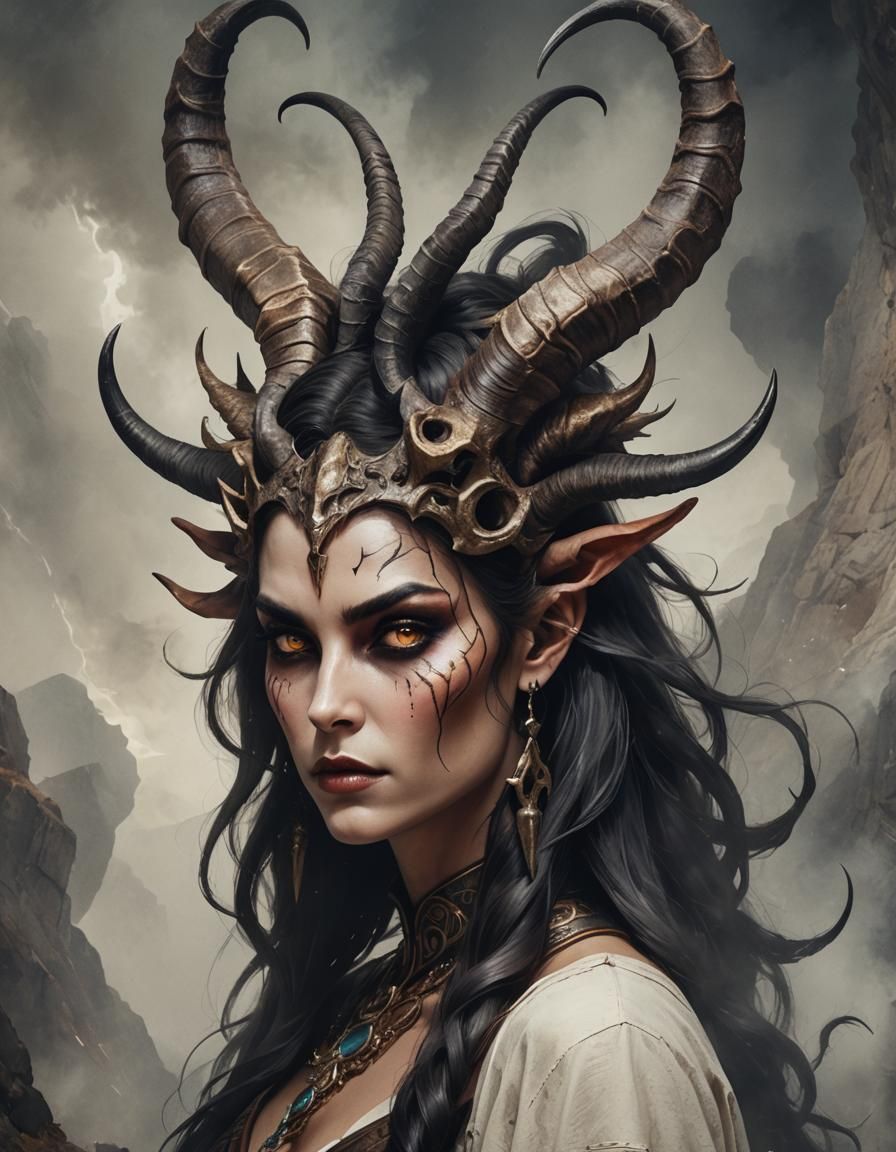 Beautiful Demon Woman with Ibex Horns