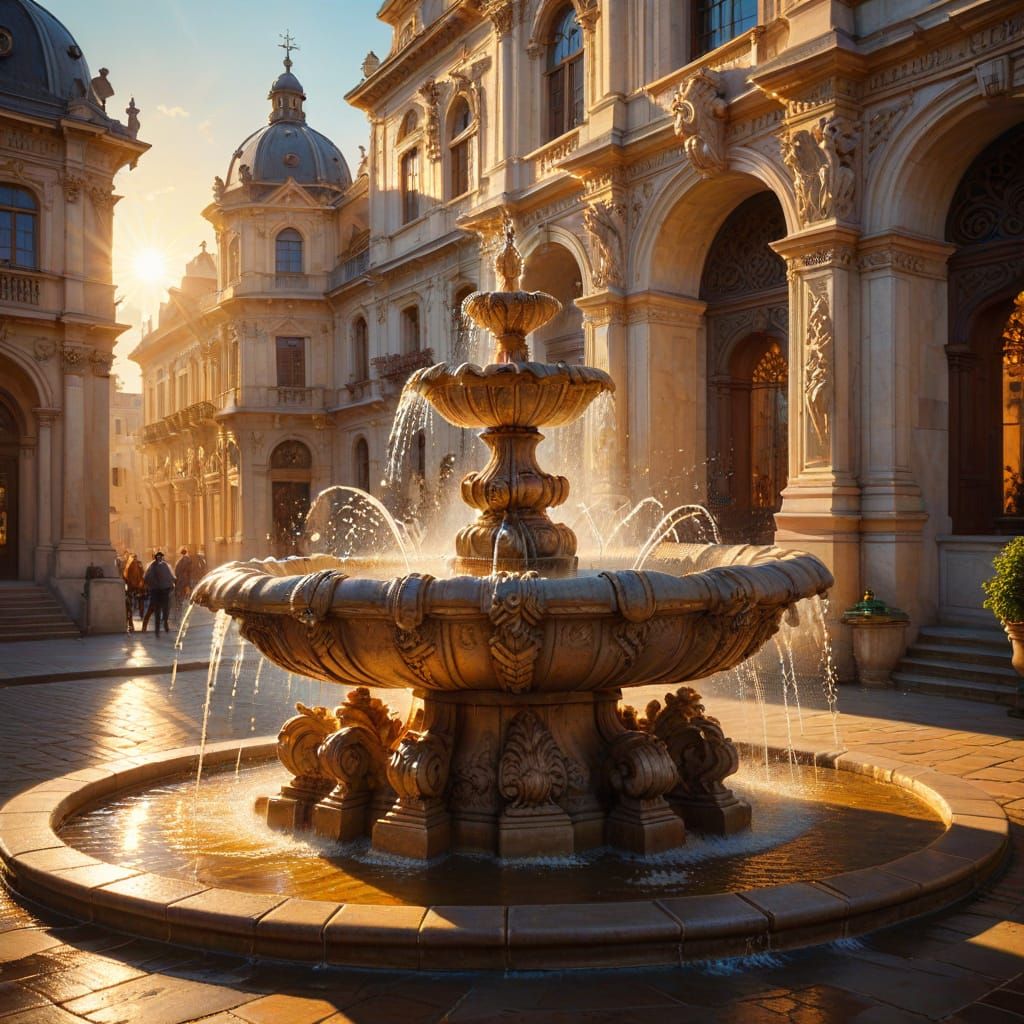 Baroque Fountain in City Square: Oil Painting