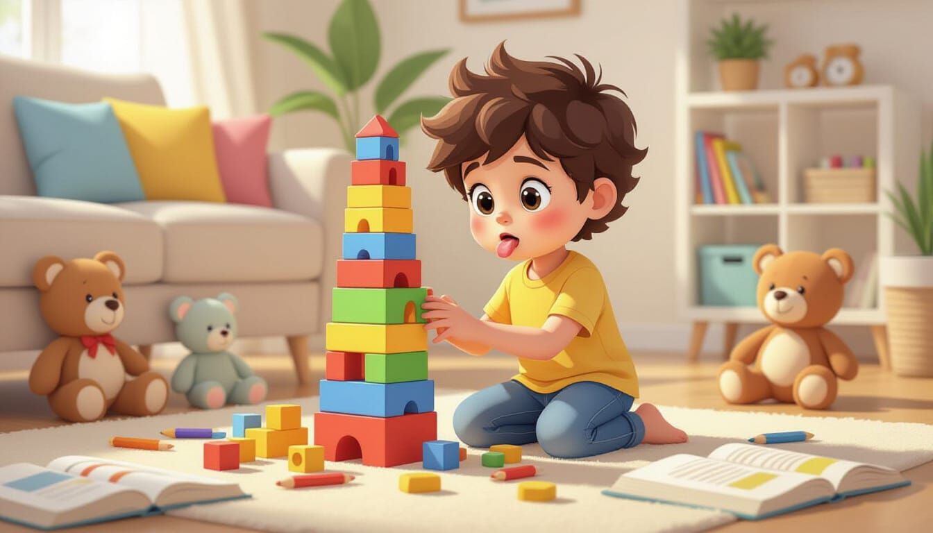 Child Building Tower in Whimsical Cartoon Style