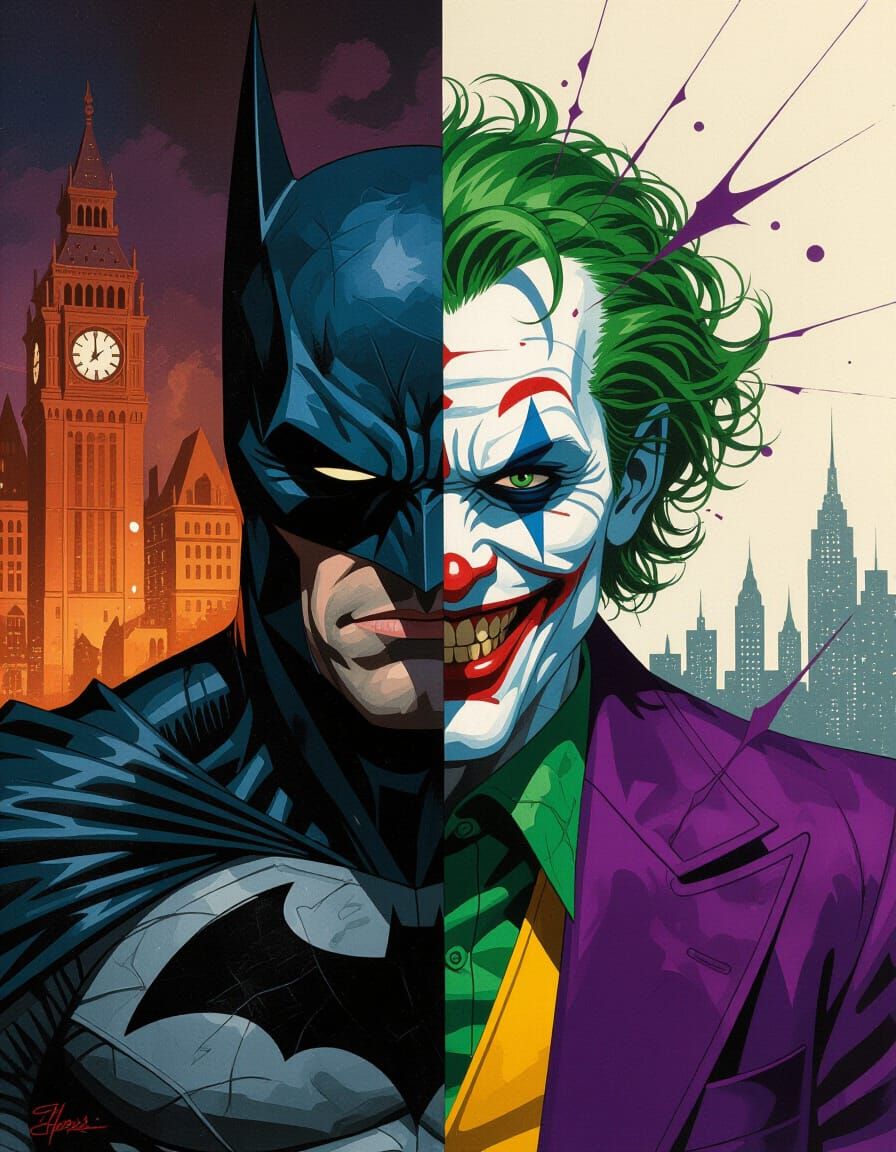 Hero and Villain: A Surreal Comic Art Painting