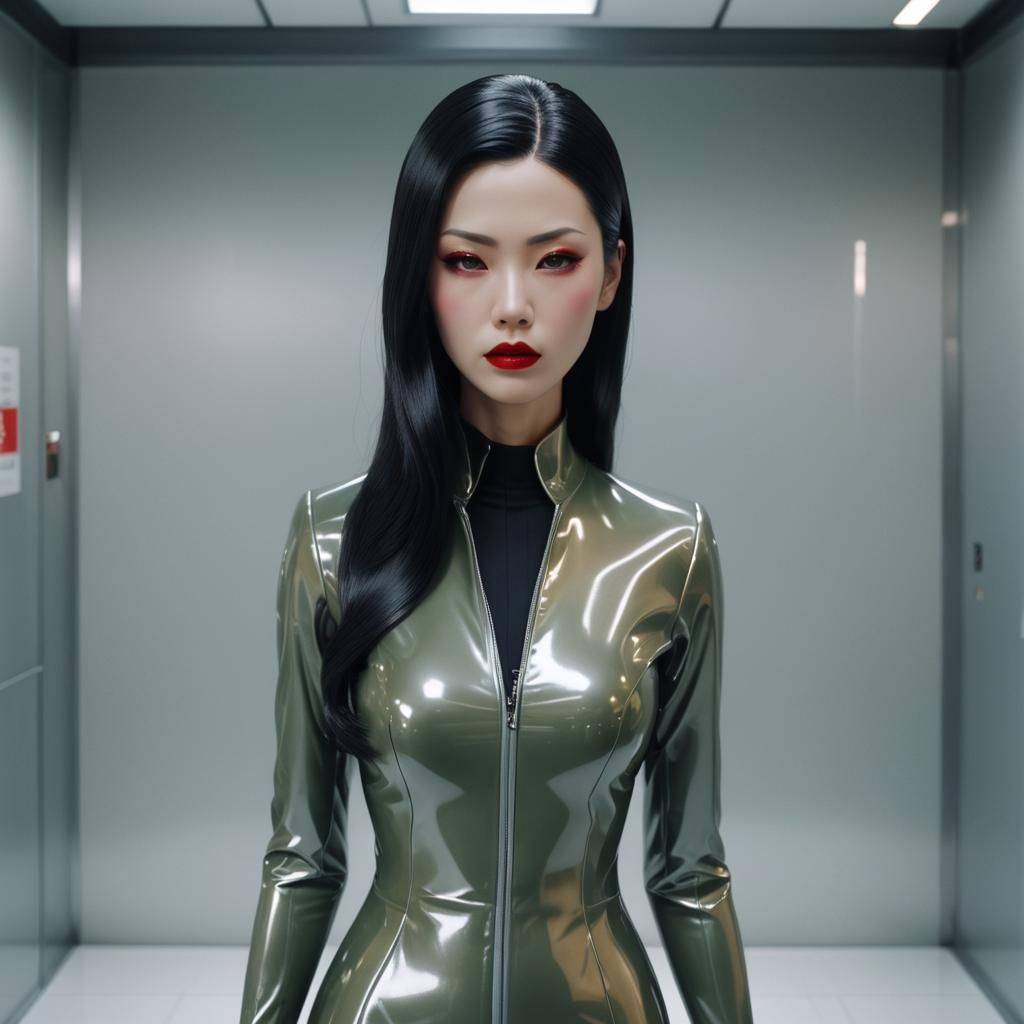Elegant Japanese Mannequin in Latex Business Suit
