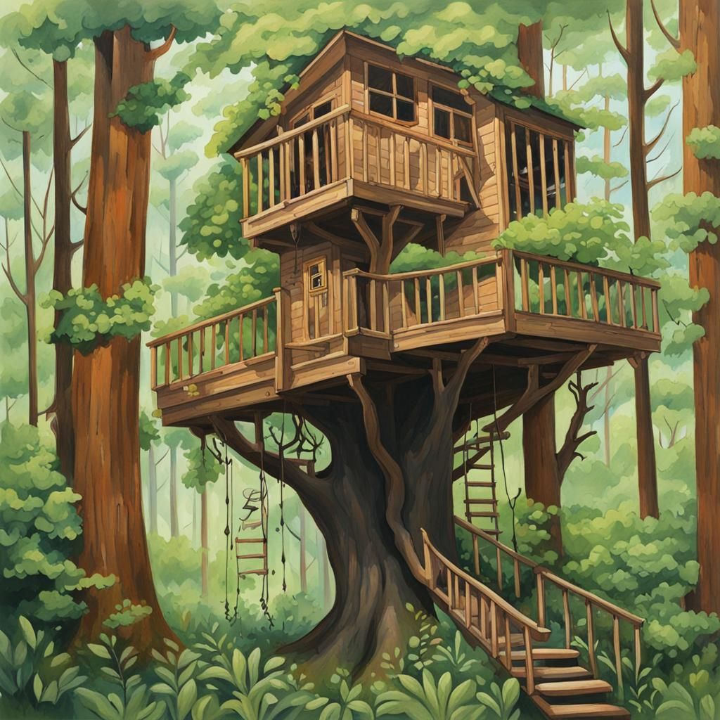 Detailed Gouache Painting of a Forest Treehouse