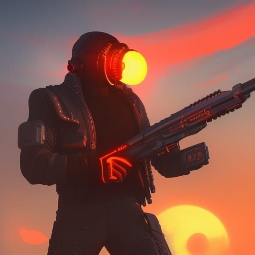 Cyberpunk Man with Gun and Red Sun in Matte Painting