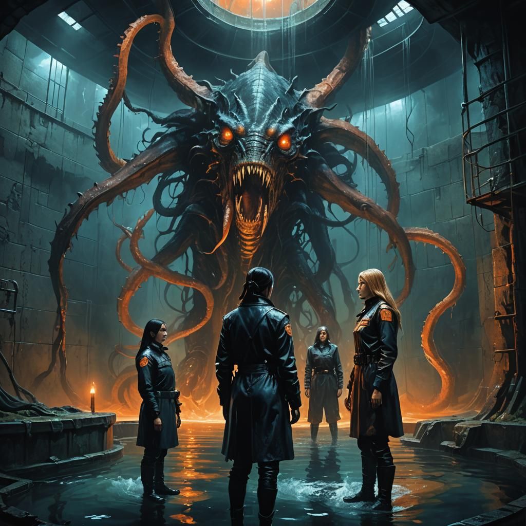 Lovecraftian Dungeon: Guards Observe Monster in Dark Fantasy...