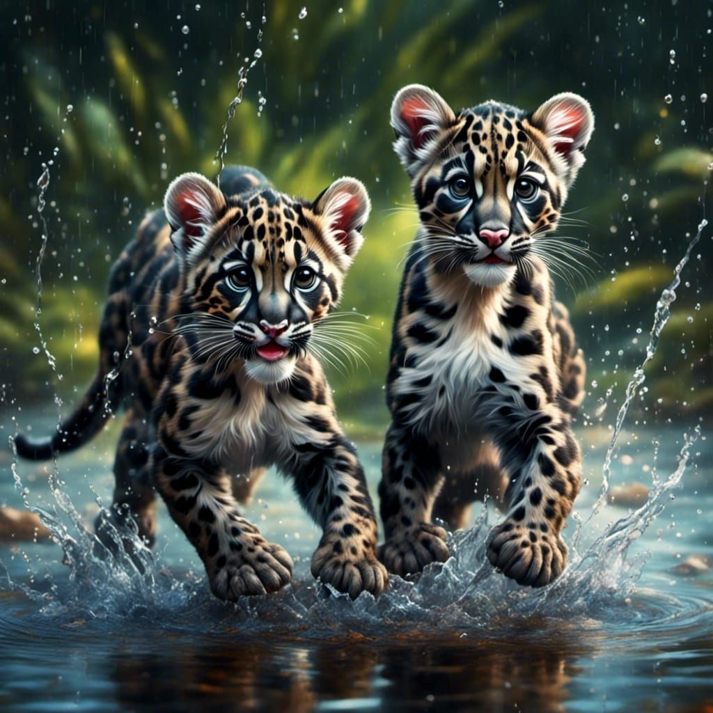 Clouded Leopard Cubs Play in Pond: Hyperrealistic Photograph