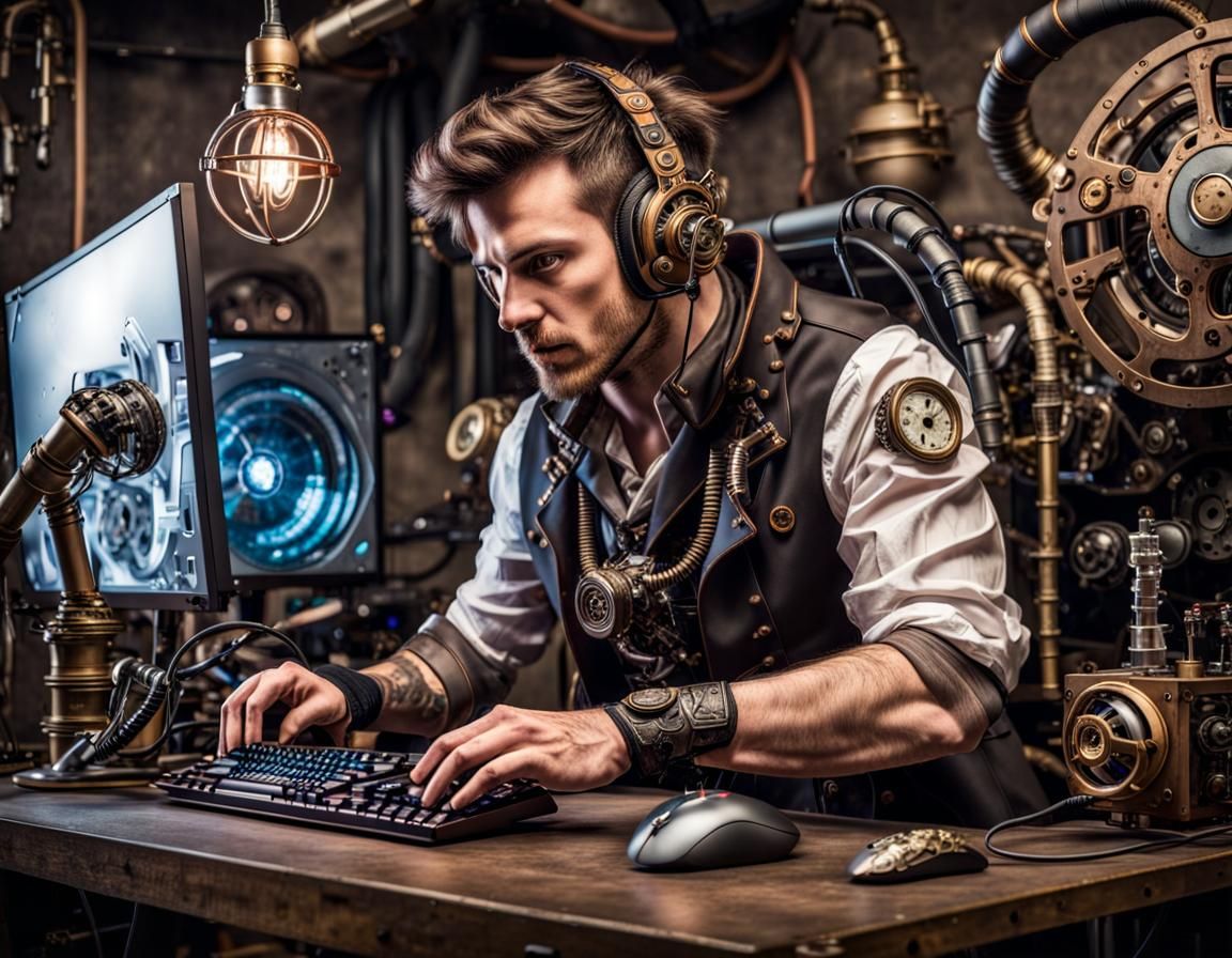 Man at a Gaming PC - steampunk