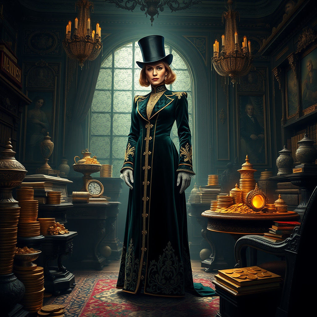 Wealthy Socialite Surrounded by Gold and Jewels