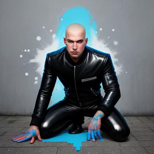 Man in Leather Kneeling in Graffiti Street Art