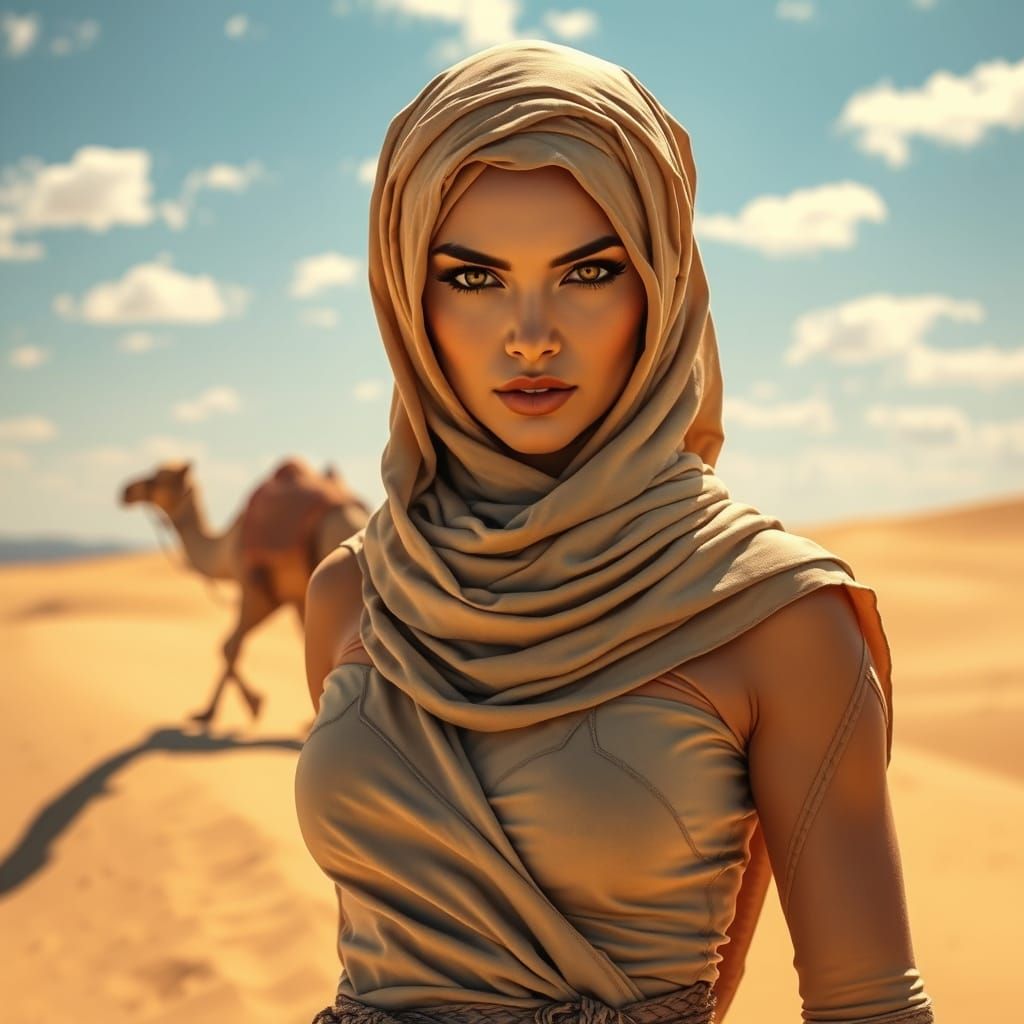 Desert Woman with Camel in Warm Light