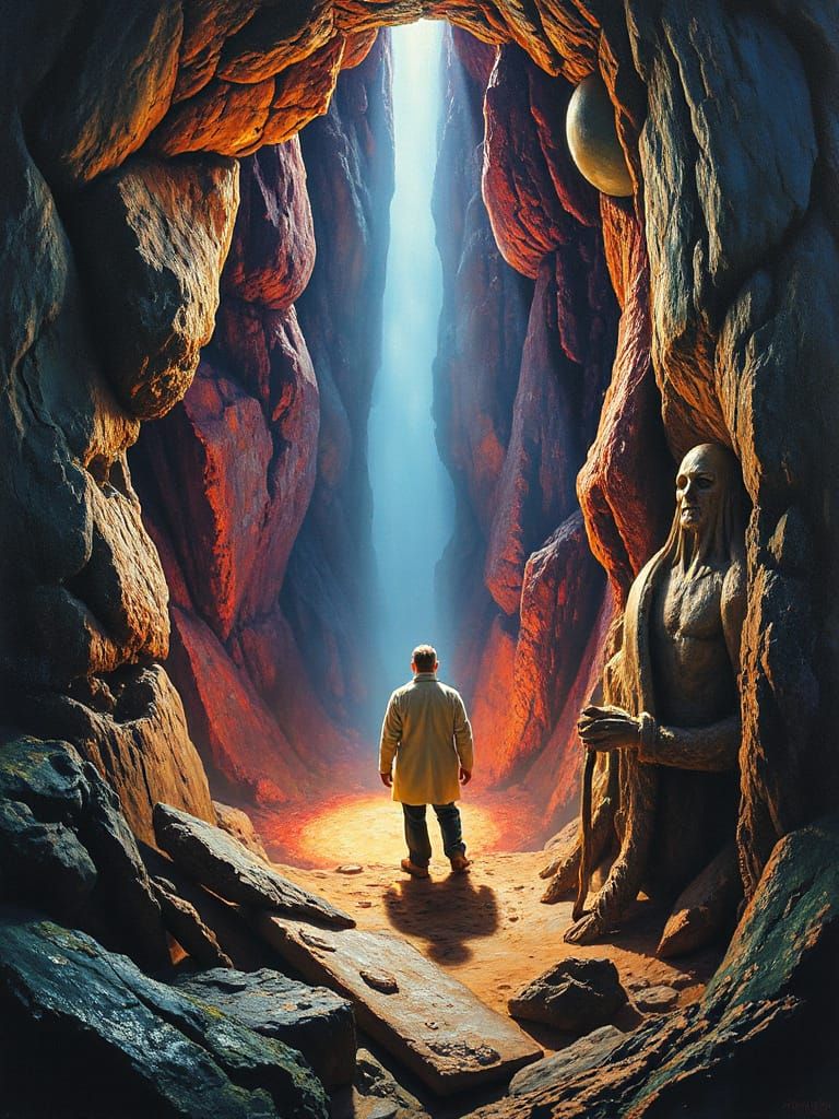 Surreal Descent: Scientist's Journey in Oil Painting