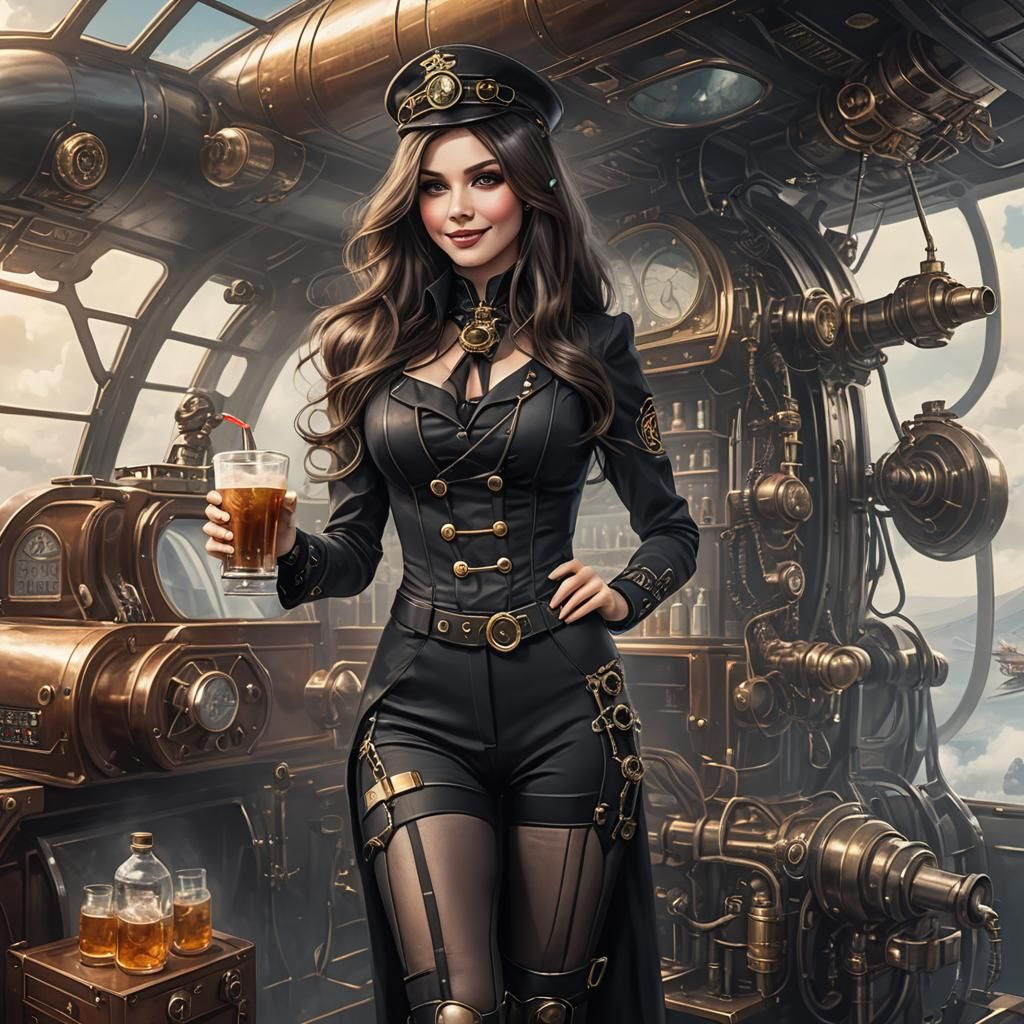 Steampunk Air Hostess Serving Drinks to Aliens