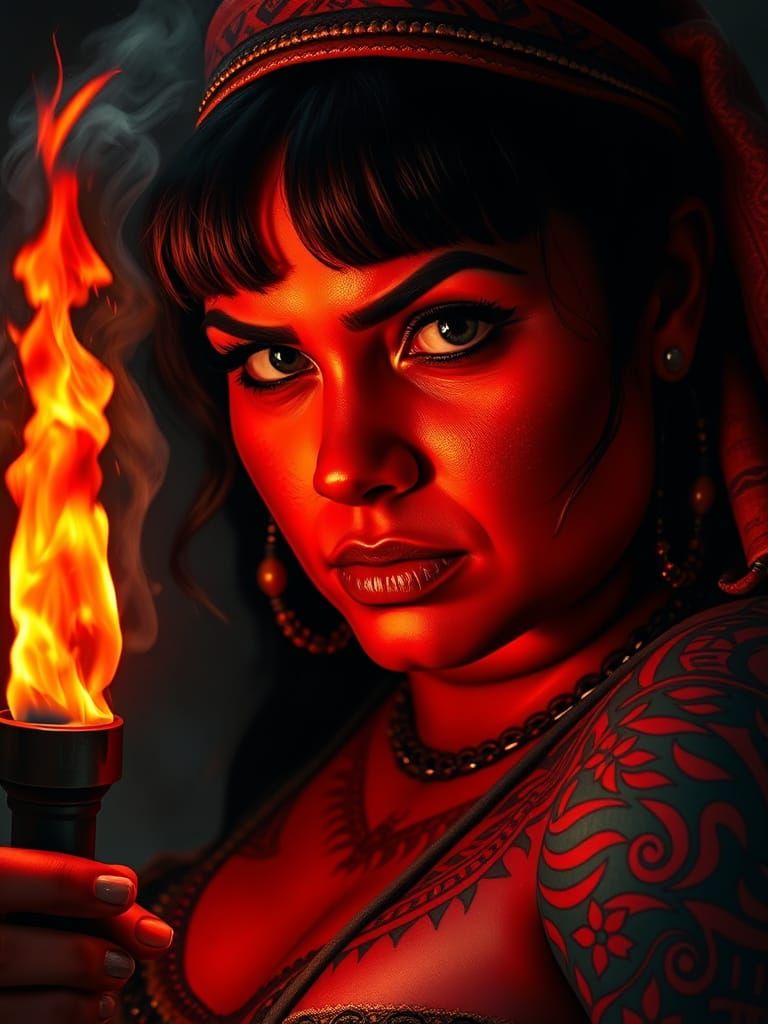 Egyptian Woman Portrait with Torch in Oil Painting Style