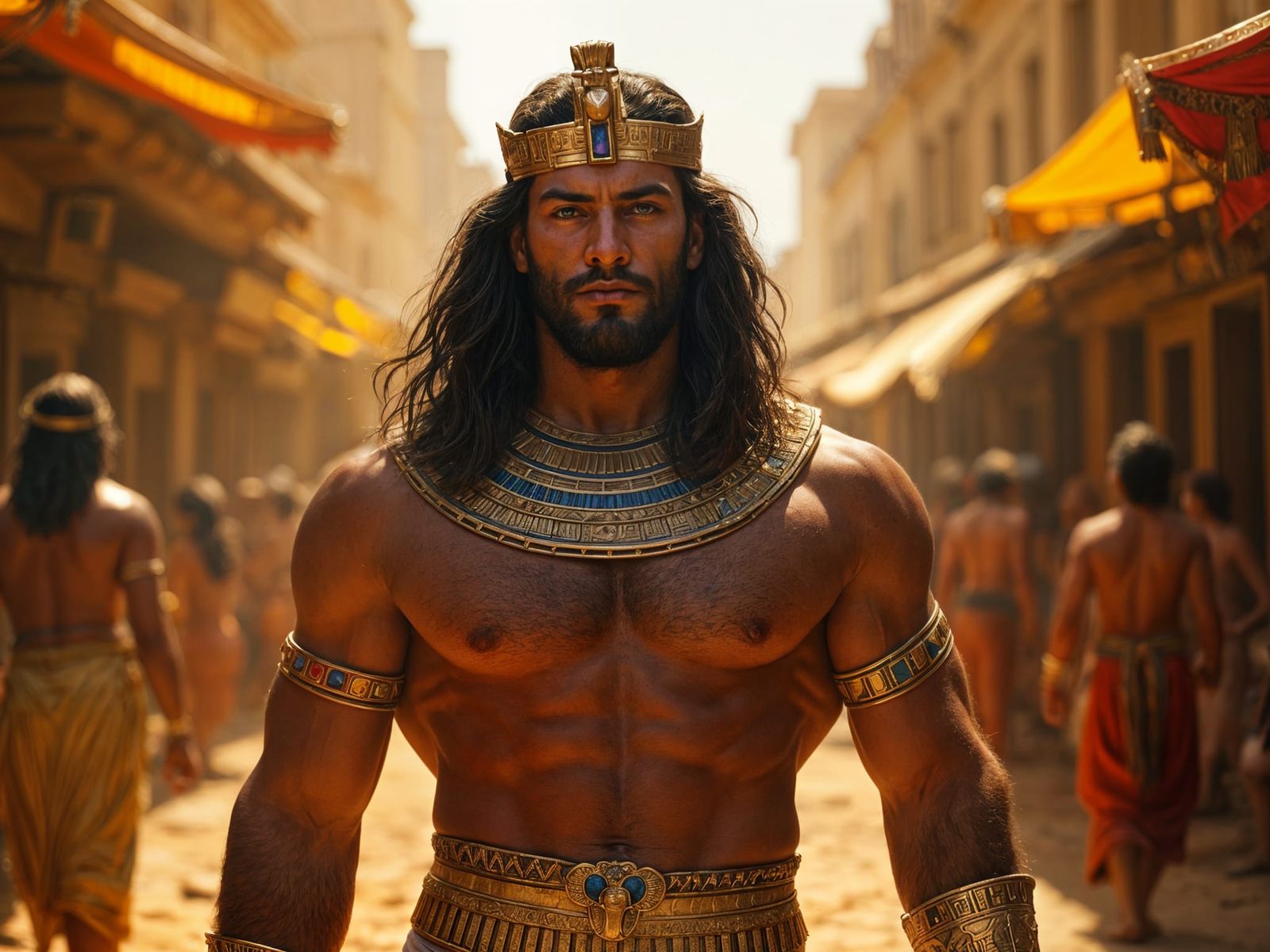 Ancient Egyptian Pharaoh in Bustling Thebes Marketplace