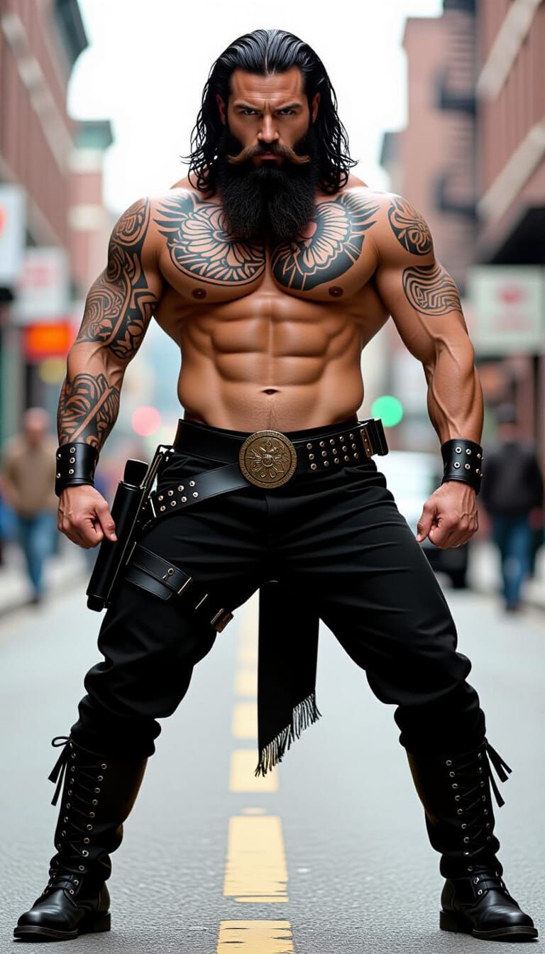 Cinematic Muscular Man with Tattoos in Gritty Scene