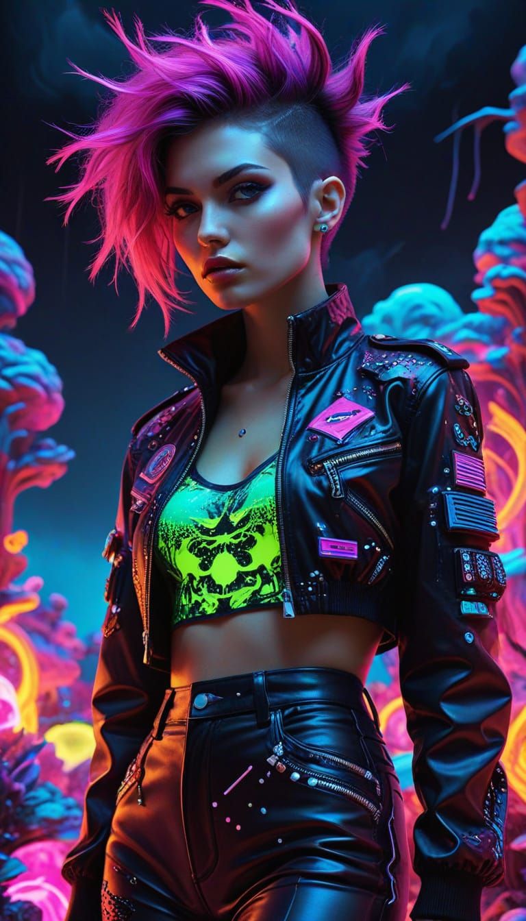 Surreal Punk Fashion in Vibrant Neon Dreamscape