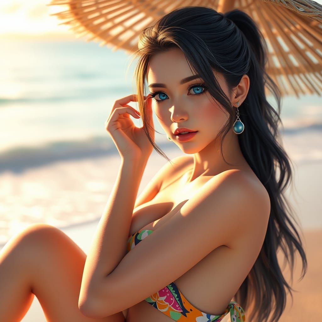 Serene Blue-Eyed Woman on Sun-Kissed Shore: Anime Art