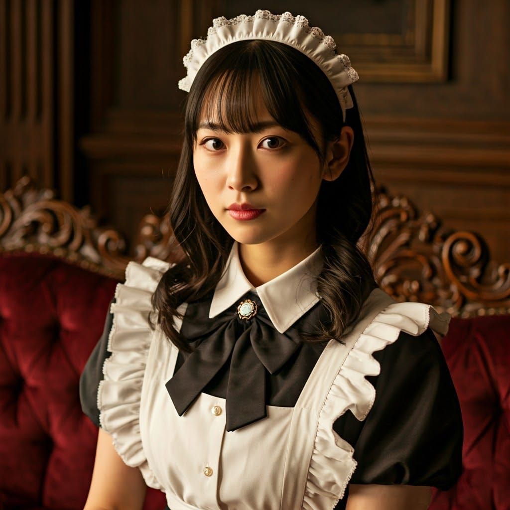 Elegant Maid in Vintage Attire, Set Against Rich, Burgundy S...