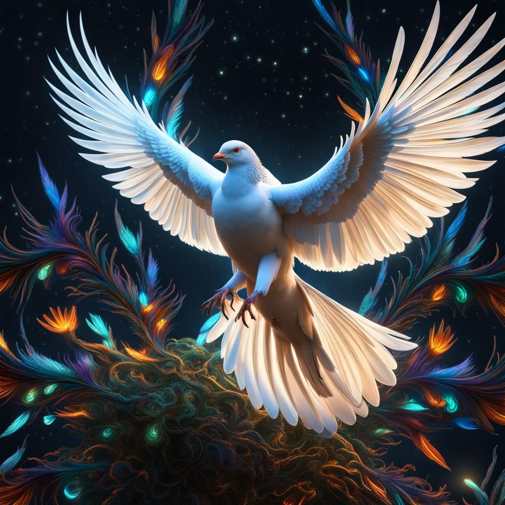Bioluminescent Pigeon in Flight: Psychedelic Art