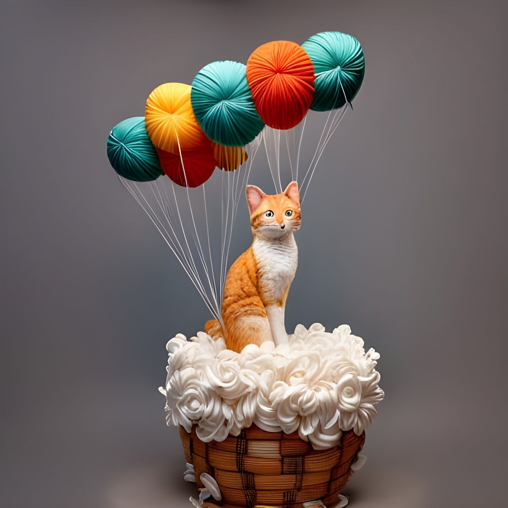 Tabby Cat Skydiving with Yarn Parachute in Rococo Style