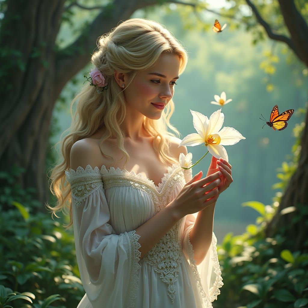 Enchanted Forest Goddess in Mystical White Gown