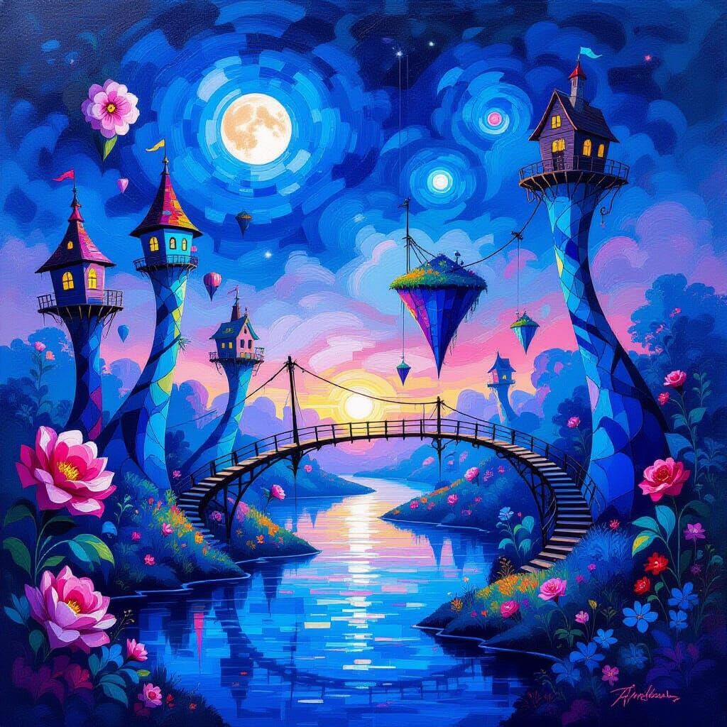 Surreal Night Landscape with Whimsical Floating Islands
