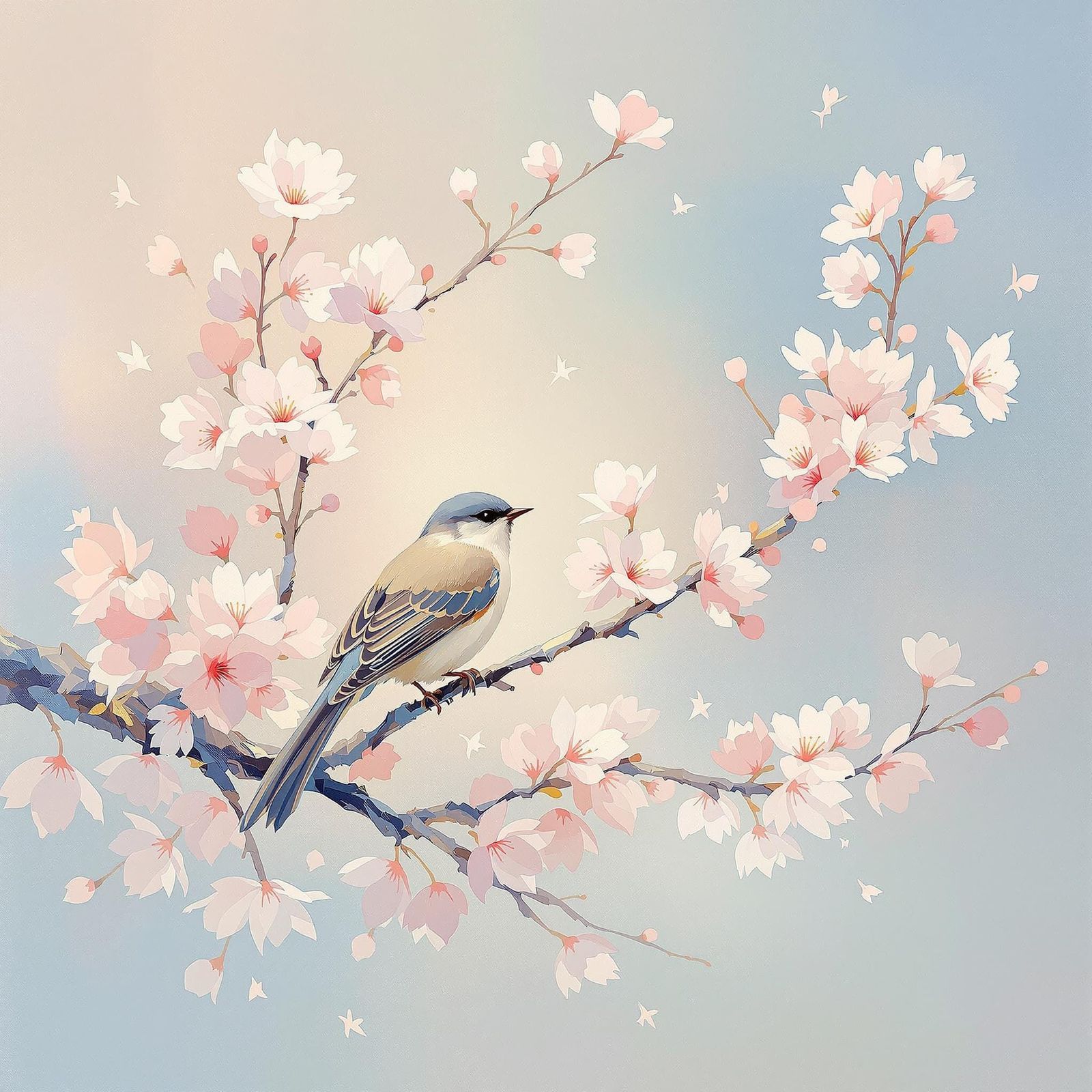 Impressionist Bird on Cherry Blossom Branch Painting