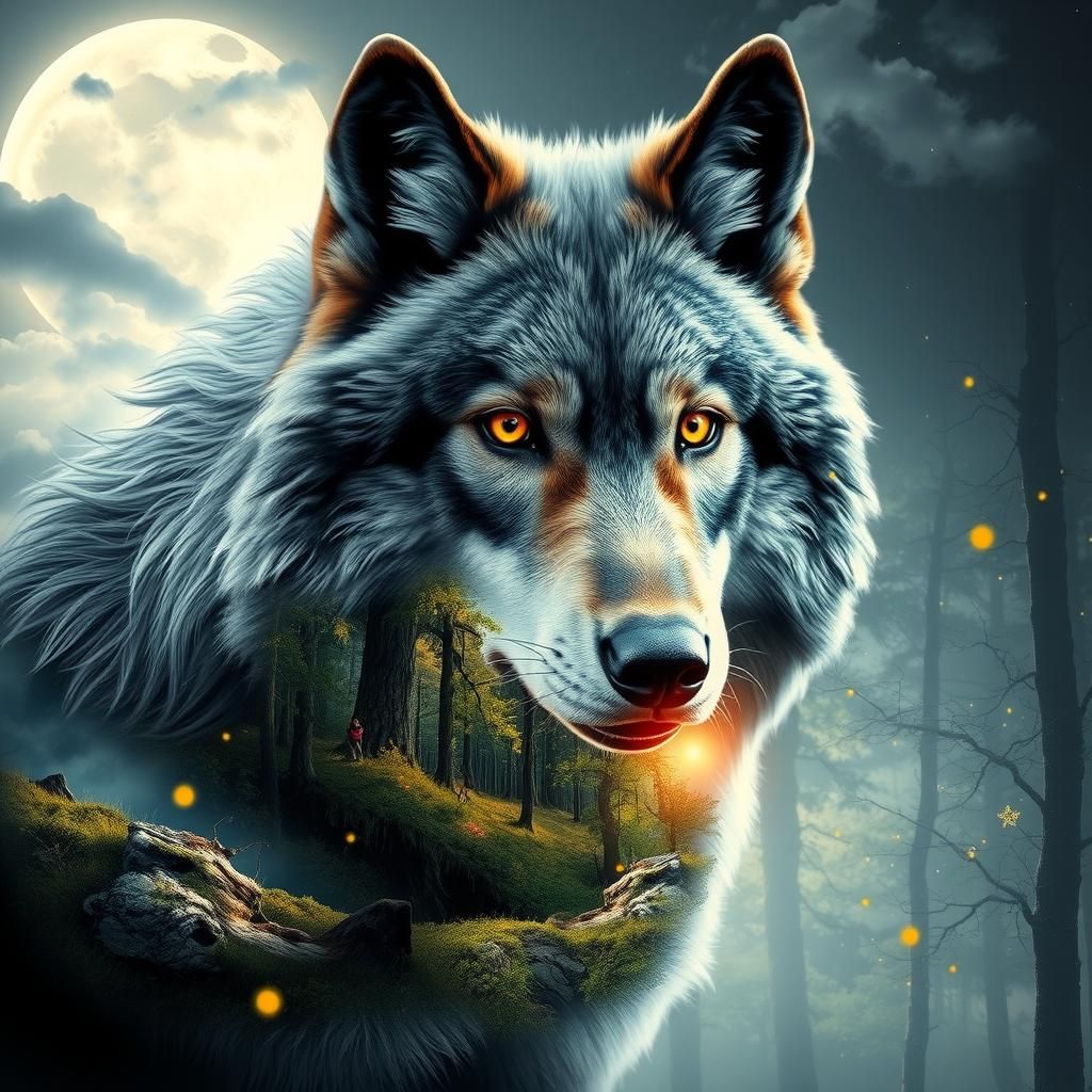 Wolf Double Exposure with Enchanted Forest