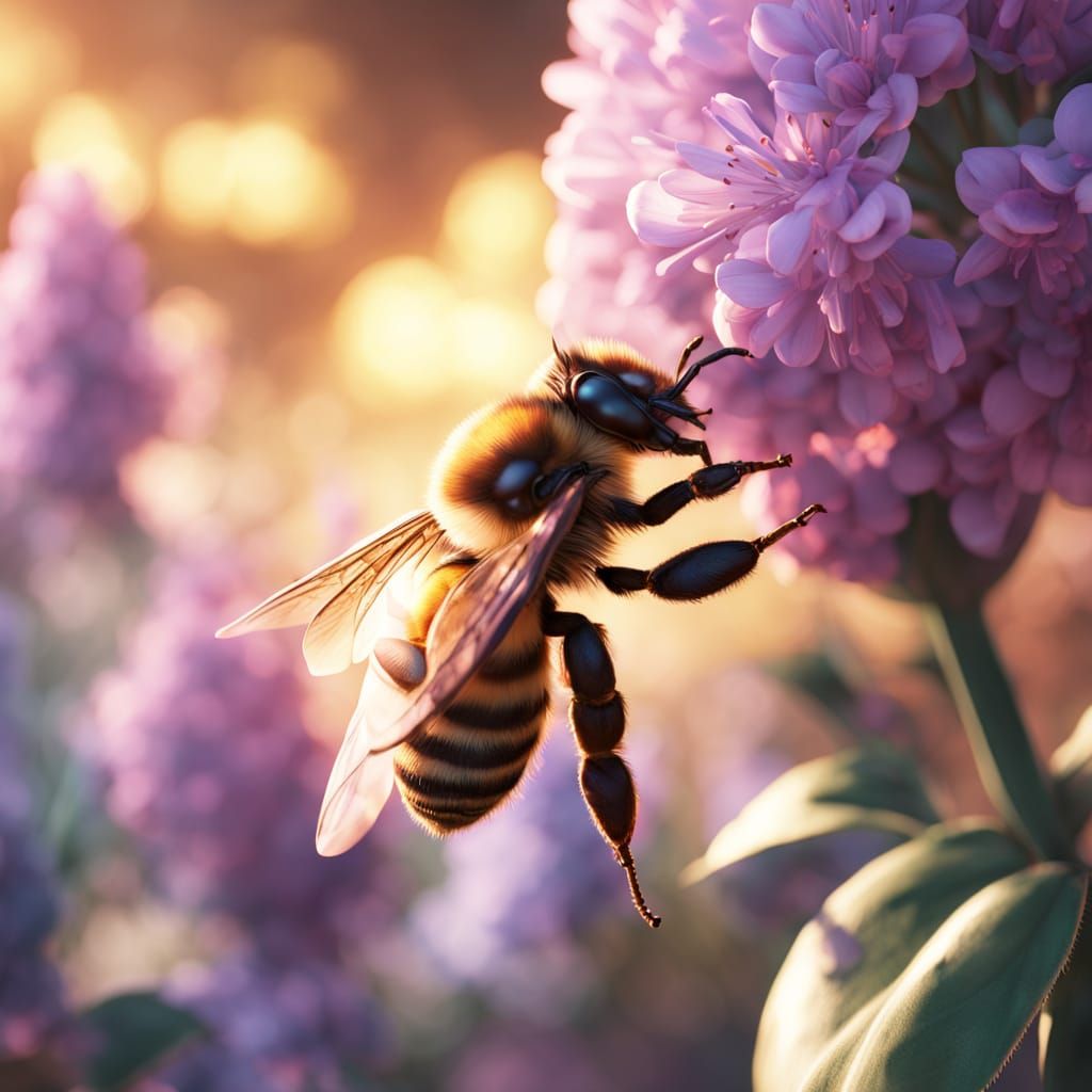 Watercolor Honeybee in Flight, Vibrant Flower