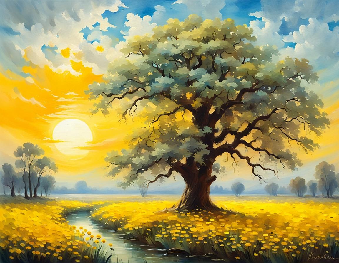 Ancient Oak Tree Summer Landscape in Romantic Naturalism