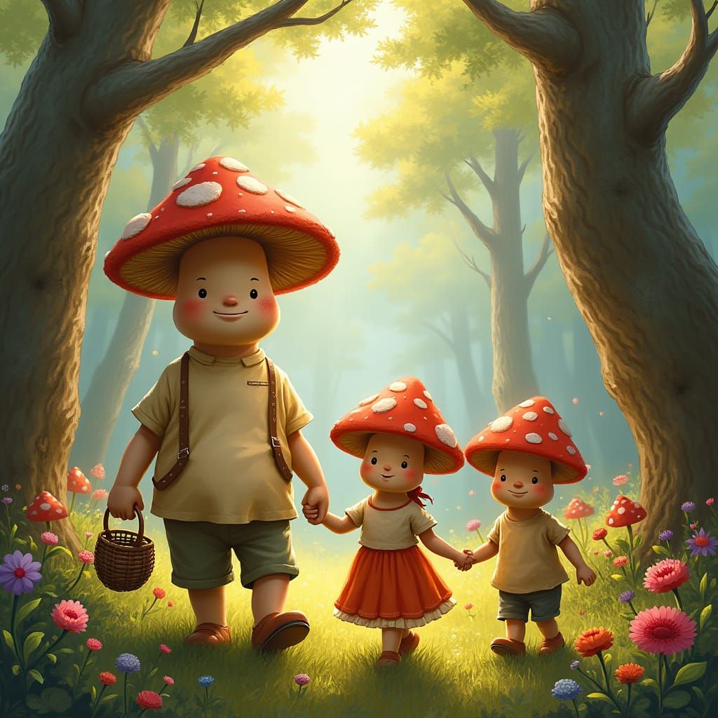 Mushroom Family Stroll in Atmospheric Oil Painting Style